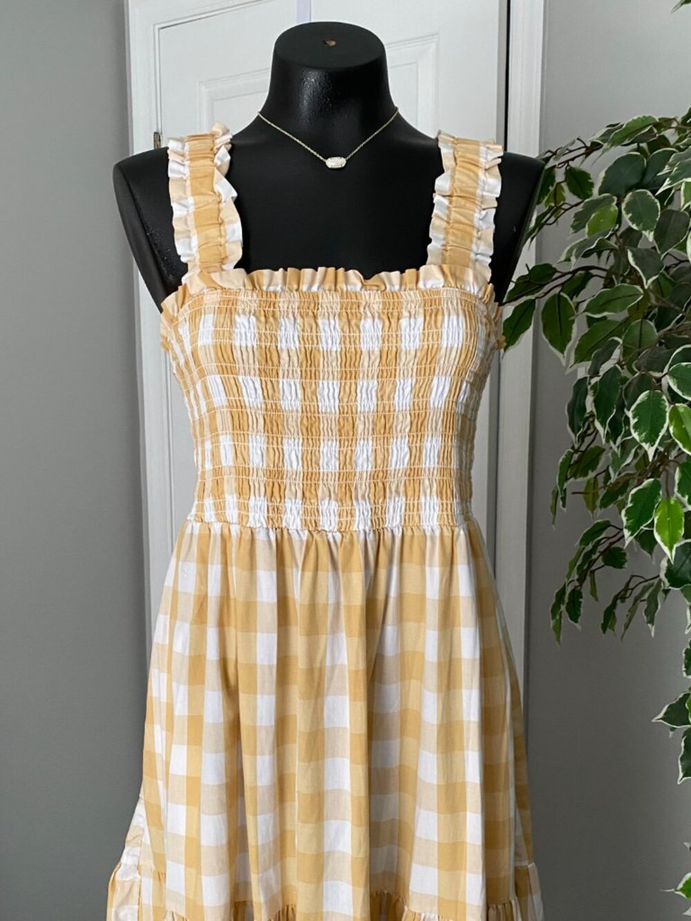 Abercrombie & Fitch Plaid Maxi Dress Yellow White Picnic Long Ruffle - L - Picture 3 of 10